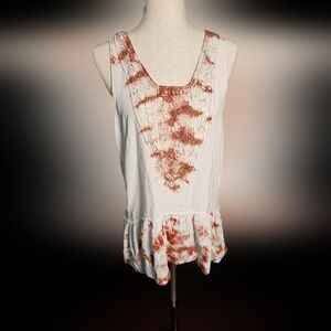 Women's Rayon White and Red Brown Sleeveless Top with crochet and peplum ruffle
